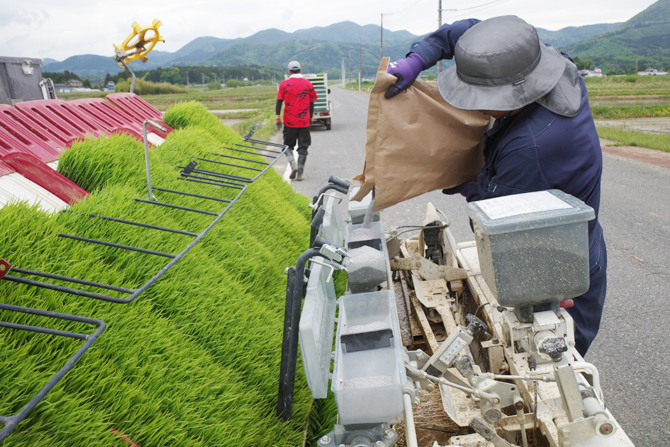 肥料や薬剤を補充するメンバー